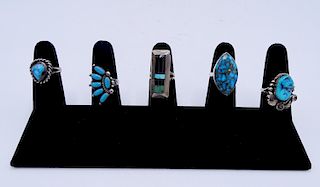 5 NATIVE AMERICAN STERLING SILVER & TURQUOISE RINGS