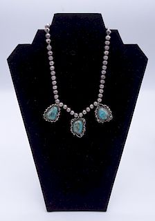 NATIVE AMERICAN STERLING SILVER & TURQUOISE NECKLACE