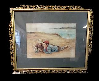J.M. THOMAS SGN. WATERCOLOR 2 BOYS ON THE BEACH 