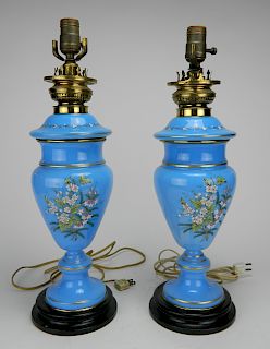 Pair of blue opanline lamps