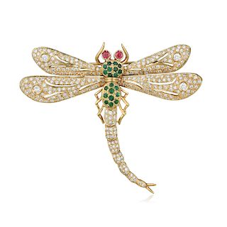 Diamond Emerald and Ruby Dragonfly Pin