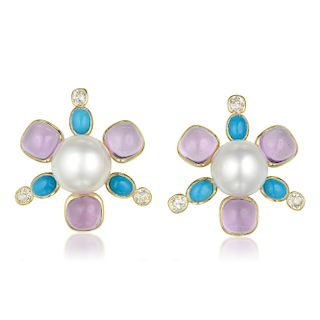 Cultured South Sea Pearl Amethyst Turquoise and Diamond Earrings