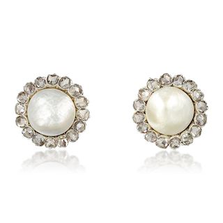 Natural Blister Saltwater Pearl and Diamond Earrings