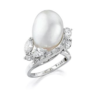 Saltwater Cultured Pearl and Diamond Ring