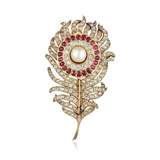 Antique Ruby Diamond and Pearl En Tremblant Feather Pin