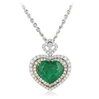 6.29-Carat Heart-Shaped Emerald and Diamond Pendant Necklace