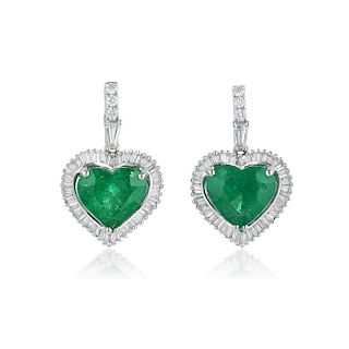 Heart-Shaped Emerald and Diamond Earrings