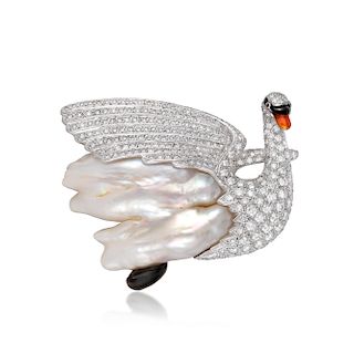 Diamond Mother-of-Pearl and Enamel Swan Pin