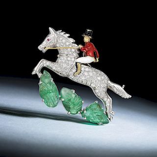 Vintage Diamond and Emerald Jumping Horse Brooch