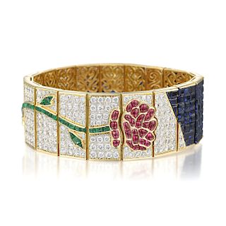 Fine Multi-Colored Gemstone and Diamond Flower Bracelet