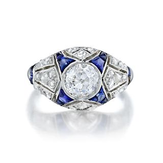 Art Deco Diamond and Sapphire Ring, French