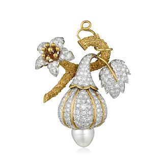 Diamond and Cultured Pearl Flower Pin