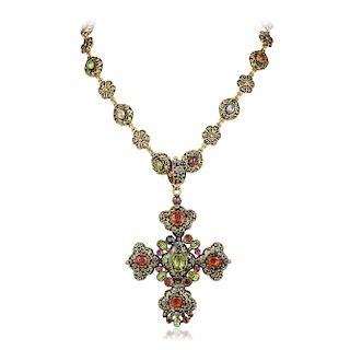Antique Enamel Multi-Colored Gemstone Cross Necklace, French