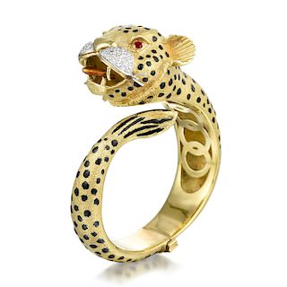 Diamond Ruby and Enamel Leopard Bangle