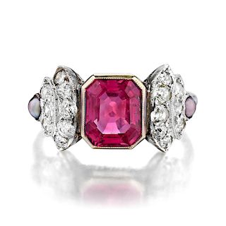 Antique Purplish Pink Burmese Unheated Sapphire and Diamond Ring