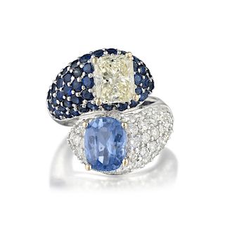 2.82-Carat Cushion-Cut Unheated Ceylon Sapphire and Diamond Ring