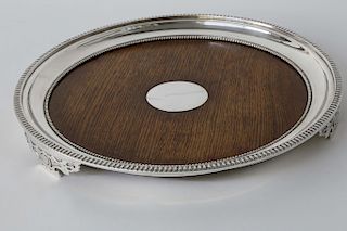 English Silver Plate and Oak Footed Round Cocktail Tray, circa 1880