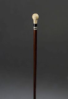 Fine Whaleman Made Whale Ivory and Tropical Wood Walking Stick, circa 1840