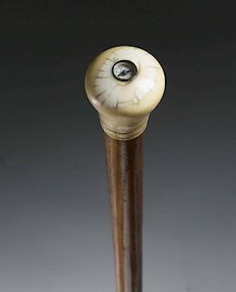 Whaleman Made Whale Ivory Compass Inlaid Walking Stick, circa 1870