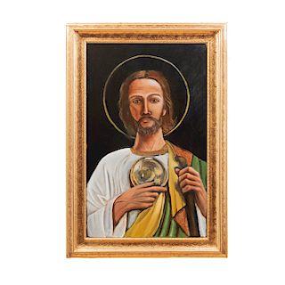Hector Iv‡n Torres Maldonado. San Judas Tadeo II. Firmado y fechado 2019. îleo sobre tela. Enmarcado en madera dorada. 80 x 50 cm.