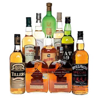 Whisky de Escocia, Irlanda y Canada.  Whyte & Mackay, White Horse, The Tyrconnell, Woodford Reserve, Vat 69. Total de piezas: 10.