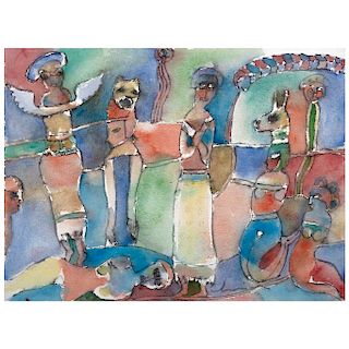 VÍCTOR CHA'CA, Fiesta en Juchitán (“Party at Juchitán”), Signed, Watercolor and ink on paper, 11 x 14.7” (28 x 37.5 cm)
