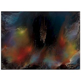 LEONARDO NIERMAN, Llamas místicas (“Mystical Flames”), Signed, Acrylic on masonite, 35.4 x 48” (90 x 122 cm)