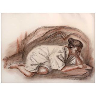 RAÚL ANGUIANO, Mujer maya en reposo (“Mayan Woman Resting”), Signed and dated 69, Sanguine and charcoal on paper, 19.2 x 25.5” (49 x 65 cm)