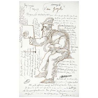JOSÉ LUIS CUEVAS, Homage to Van Gogh, Signed and dated San Francisco May 17th, 1969, Ink on paper, 7.8 x 4.9” (20 x 12.5 cm)