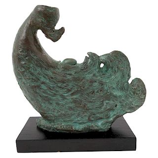 SOFÍA BASSI, Untitled, Signed and dated 87, Bronze sculpture on wooden base, 9.8 x 8.8 x 3.9” (25 x 22.5 x 10cm),  total measurements including base, 