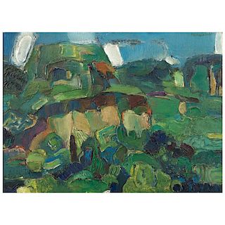 BENITO MESSEGUER, Tepozteco, Signed and dated 1971 on the front. Signed and dated 71 on the reverse, Oil on canvas, 15.7 x 21.8” (40 x 55.5 cm)