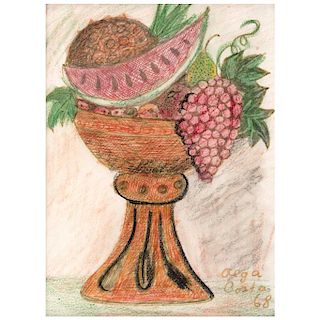 OLGA COSTA, Frutero N°2 (“Fruit Platter No. 2), Signed and dated 68, Marker and colored crayons on paper, 7.8 x 5.9” (20 x 15 cm)