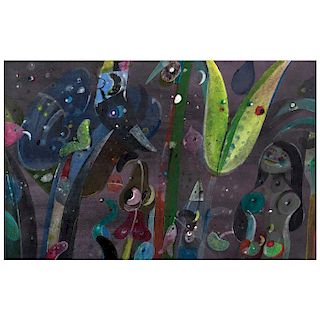 ROGER VON GUNTEN, Jardín con ave curiosa (“Garden with a Curious Bird”), Signed and dated 91, Acrylic on paper, 13.7x21.6” (35x55 cm), Certificate