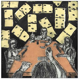 EMILIANO GIRONELLA PARRA, Partida de dominó (“Game of Dominoes”),from the Cantinas series,Woodcut and Engraving 35/50,18.5x18.5”(47x47 cm)