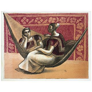 JOSÉ CHÁVEZ MORADO,Mujeres en la hamaca(“Women on the Hammock),Signed and dated 84 in iron,Lithography w/o printing num., 13.9 x 18.1” (35.5 x 46 cm)