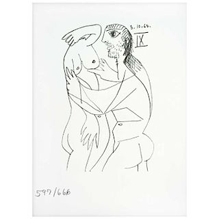 PABLO PICASSO, IX, from the Picasso Le Gout du Bonheur album, 1970, Unsigned. Dated 8.10.64 in iron, 
Lithography 597 / 666, 8.2 x 5.5” (21 x 14 cm)