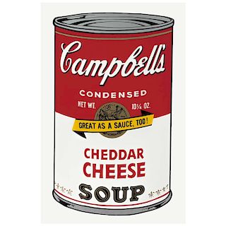 ANDY WARHOL, II.63: Campbell's Cheddar Cheese Soup, with a seal in the back "Fill in your own signature”,
Serigraphy, 31.8 x 18.8” (81 x 48 cm)
