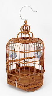 Chinese, Vintage Carved Bamboo Bird Cage