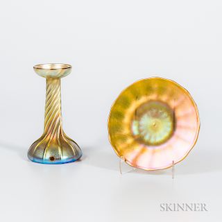 Tiffany Studios Gold Favrile Candlestick and a Quezal Plate