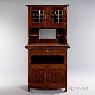 English Arts and Crafts Side Cabinet with Leaded Glass Doors