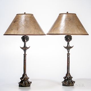 Pair of "Lampe Tete de Femme" Bronze Figural Lamps Attributed to Diego Giacometti (Swiss, 1902-1985)