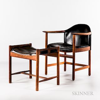 Leather and Teak Armchair and Footstool