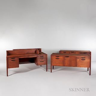 Jens Risom Design Desk, Two Credenzas, and Two Shelves