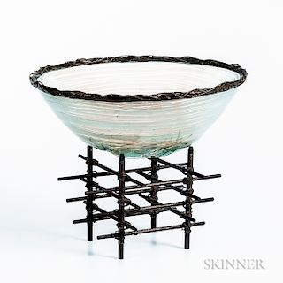 Scott Amrhein (American, 20th Century) Slumped Glass Bowl with Bronze Rim and Stand
