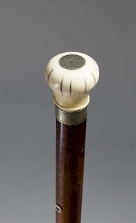 Whale Ivory Knob and Wood Shaft Walking Stick, circa 1800