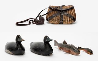 Group of Fishing Collectibles, Decoys & Creel