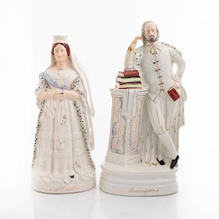 2 ENGLISH STAFFORDSHIRE POTTERY FIGURES, QUEEN AND BARD