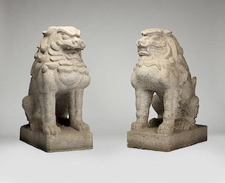 A near pair of Japanese Komainu temple lions