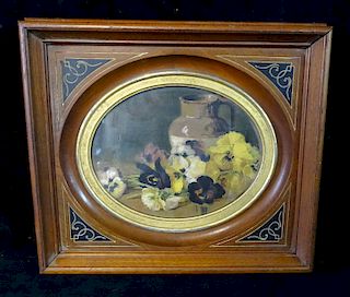 OVAL FRAMED PRINT STILL LIFE WITH PANSIES