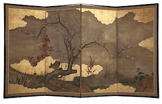A Japanese four-panel folding byobu screen